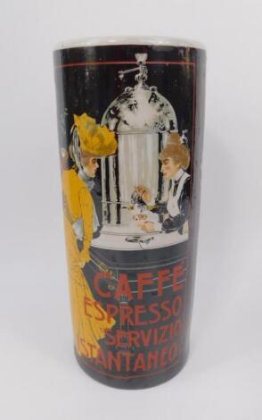 A porcelain cylindrical stick stand printed with a cafe scene