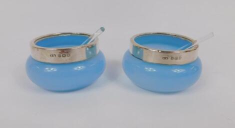 A pair of Edward VII blue opaline glass salts