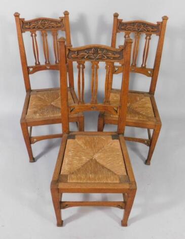 A set of six Victorian Art Nouveau oak single dining chairs