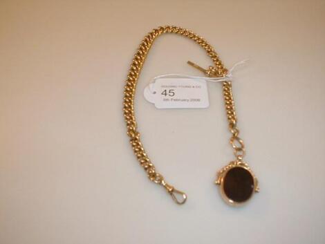 A very heavy graduated link 18 ct gold Albert with agate set swivel fob and T-bar