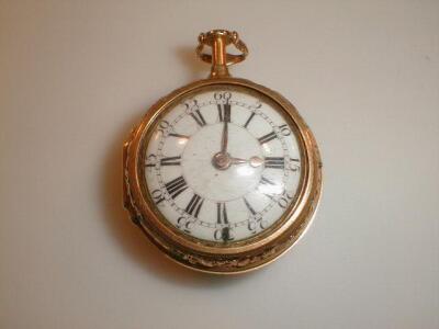 An 18thC gold pair cased open faced fus£e pocket watch