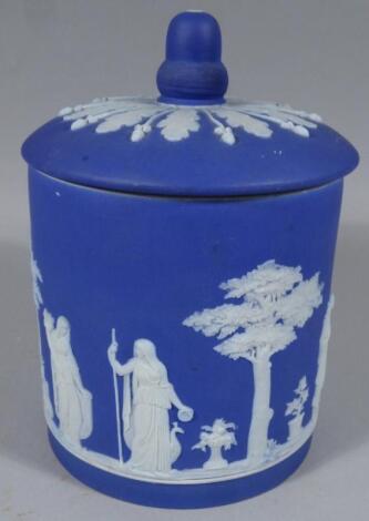 A Wedgwood dark blue Jasperware jar and cover