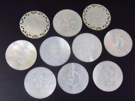 Various early 20thC mother of pearl gaming counters
