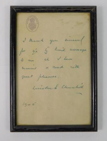 Churchill. 1945 House of Commons auto typed message.