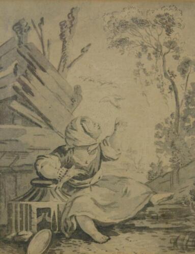 Manner of Boucher. A child with a bird cage inscribed C R