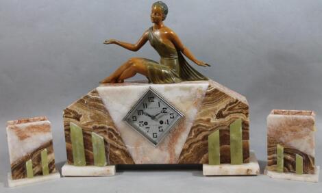 A 20thC Art Deco design marble and spelter mantel clock