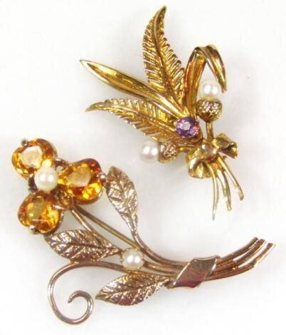 A citrine and pearl brooch