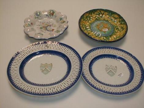 Two Chinese armorial oval ribbon plates and two continental dishes