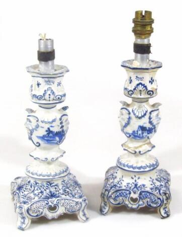 A pair of early 19thC Dutch delft candlesticks