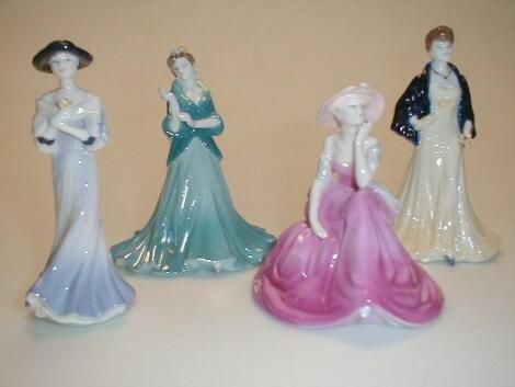 A Wedgwood debutant figure titled "Thank You" and three Coalport Debutant