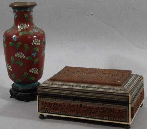 A 19thC Anglo Indian carved wooden and inlaid casket