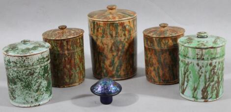 Various late 19thC sponge ware pottery jars and covers