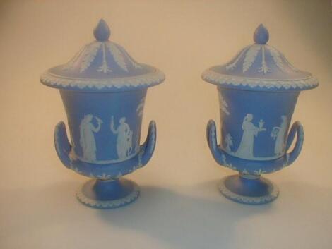 A pair of Wedgwood blue jasper campana two-handled vases and covers