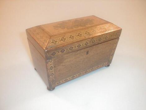 A Tunbridge ware sarcophagus shaped rosewood tea caddy