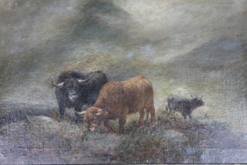 19thC British School. Highland cattle grazing in a mountainous landscape