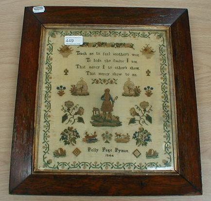 A 19thC sampler by Polly Page Pyman dated 1844