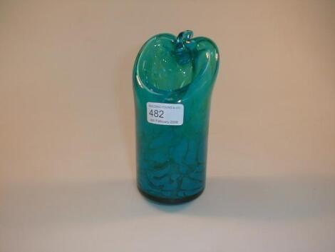 A Mdina style turquoise sculptural vase with a pinched neck