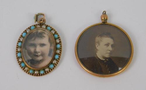 An Edwardian 9ct rose gold seed pearl and turquoise set photo locket