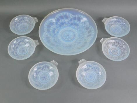 A French Art Deco opalescent glass bowl and six wine tasters