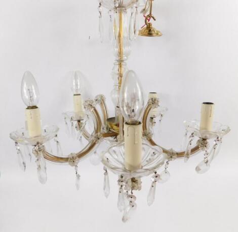 A cut glass five branch chandelier