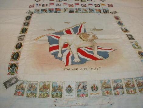 A linen panel, hand stitched with cigarette card silks of WWI scenes around