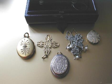 Small burgundy leather covered jewel box with contents of Victorian costume