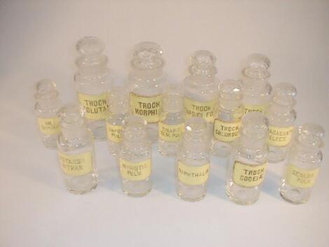 A collection of fourteen chemist jars