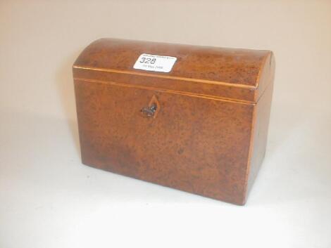 A George III burr yew domed topped tea caddy with boxwood stringing to