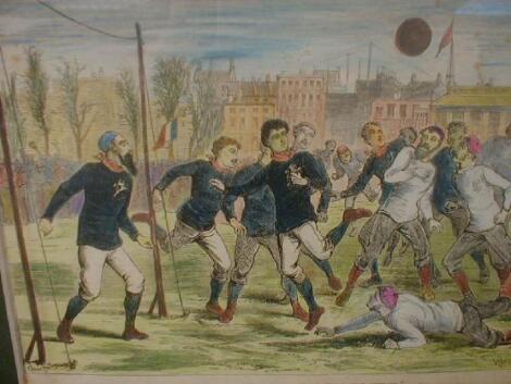 Hand coloured engraving entitled 'Football at the oval on March 6th England v