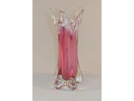 A heavy pink and clear glass vase