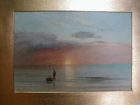 Arthur Severn (1842-1931). Moored sailing dinghy on a calm sea at sunset