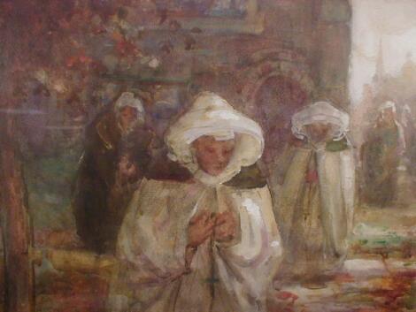 T.W. Morley. Breton Sunday morning church participants. Watercolour on paper