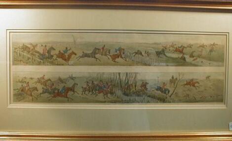 Three early 19thC twin strip coloured prints depicting hunt and coaching scenes