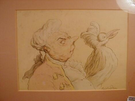 Circle of Thomas Rowlandson. A characature of a portly gentleman and a bird