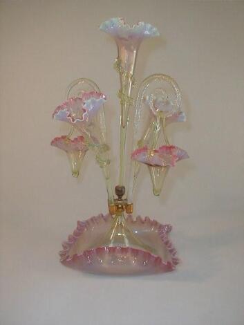 A Victorian vaseline glass table epergne