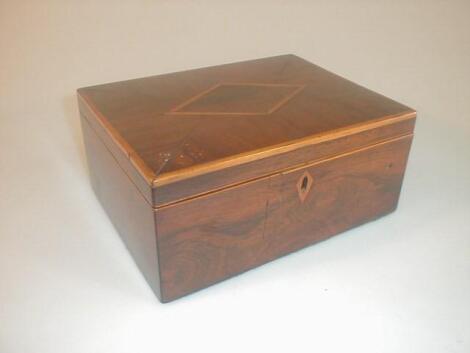 A Georgian rosewood rectangular parquetry work box with boxwood stringing