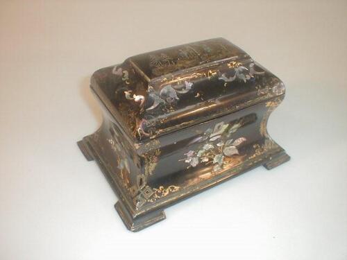 A Victorian papier mach£ and Mother-of-Pearl tea caddy