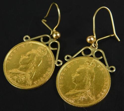 A pair of Victorian half gold sovereign earrings