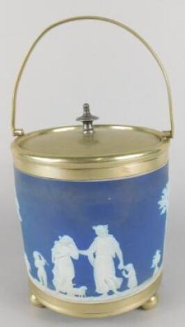 A Wedgwood dark blue Jasperware biscuit barrel