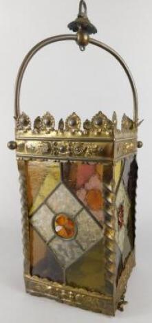 A Victorian gilt metal and stained glass square lantern