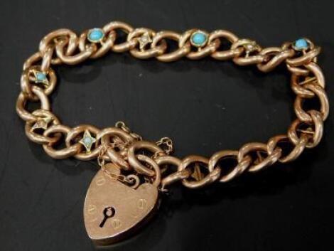 A 9ct gold turquoise and seed pearl set curb link bracelet