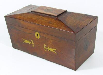 An early 19thC rosewood and brass inlaid tea caddy