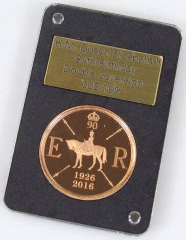 An Elizabeth II 90th birthday 22ct gold proof double sovereign