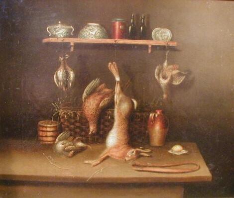 19thC School. A pair of still life kitchen scenes with dead game