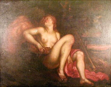 18thC Italian School. Landscape with a naked female being kissed by a Pan-like figure