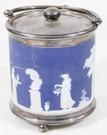 A very late 19thC Wedgwood dark blue Jasperware biscuit barrel