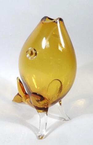 A late 20thC amber and clear coloured glass Studio fish sculpture vase