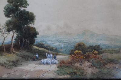 Arthur Mills. Figure driving sheep on a path before trees and hills - 2