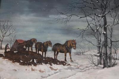 Bryan Conway (20thC). Winter landscape with figure and shire horses