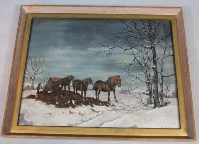 Bryan Conway (20thC). Winter landscape with figure and shire horses - 2